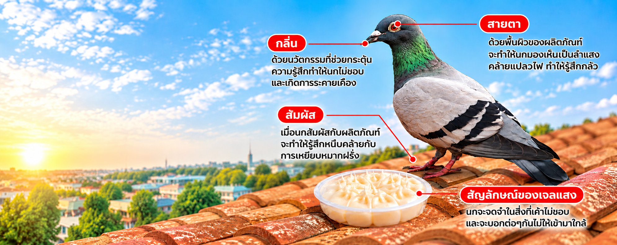 AEGLO Optical Gel เจลแสงไล่นก ภาพอธิบายการใช้เจลป้องกันนกพิราบบนหลังคา