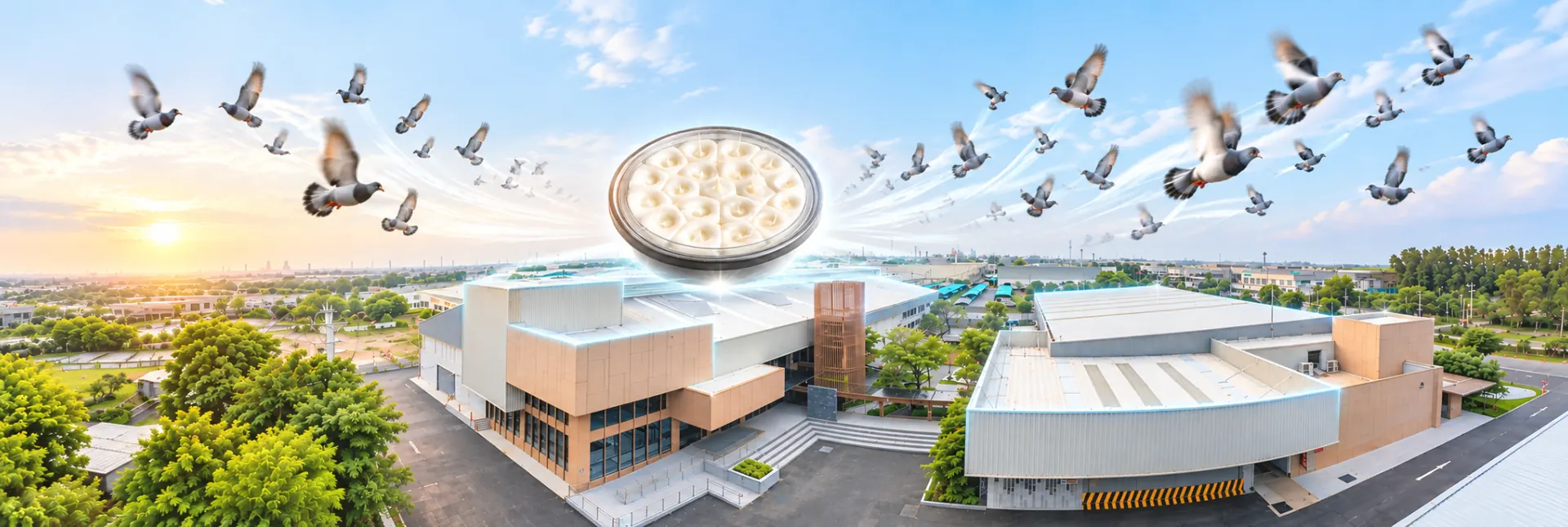 ภาพจำลอง AEGLO Optical Gel และนกพิราบเหนืออาคารโรงงาน ประกอบบริการ Bird Solution ป้องกันนกและดูแลต่อเนื่อง 5 ปี